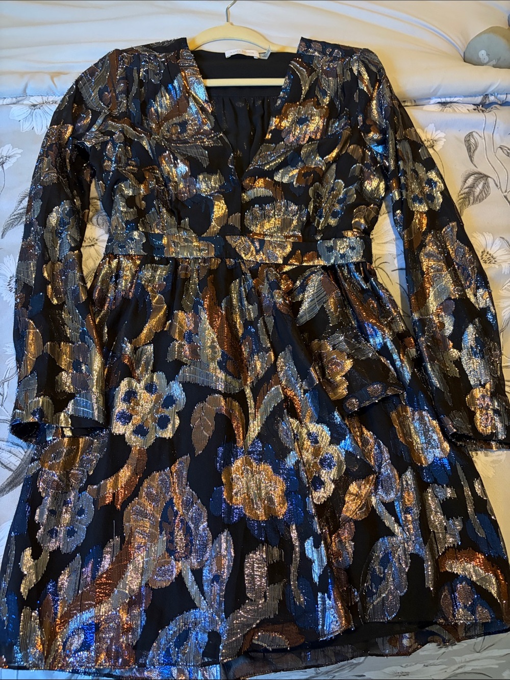 Metallic Floral V-Neck Long Sleeve Dress - Black,Silver and Blue by RAMY BROOK